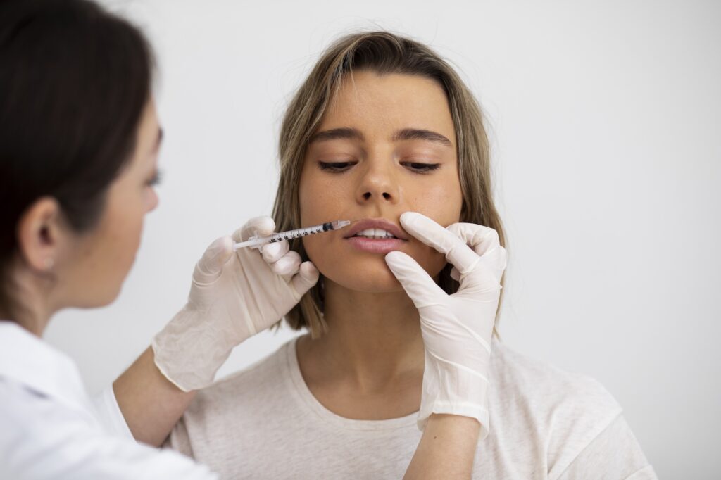 A young woman sitting comfortably in one of the treatment rooms at Clarity Health & Aesthetics, sitting still while a provider administers her lip filler near Kansas City.
